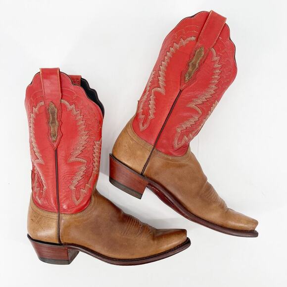Lucchese Women’s 7.5 Brown Red-Orange Snip Toe Leather Cowgirl Western Boots - Picture 3 of 12
